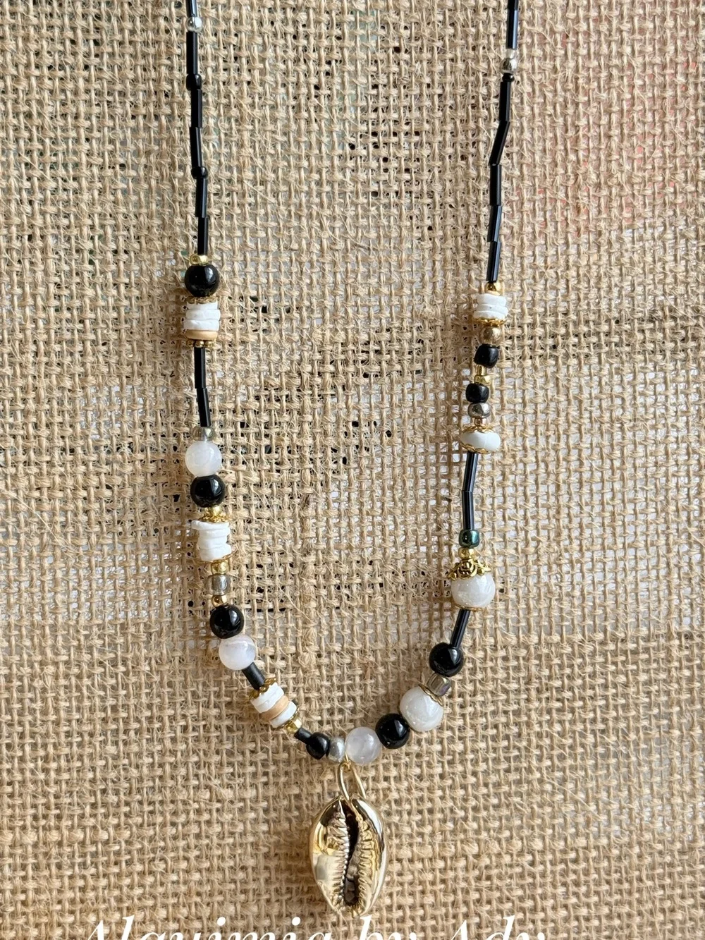 Gold Cowrie Shell Pendant Necklace with Black onyx and White agate Beads